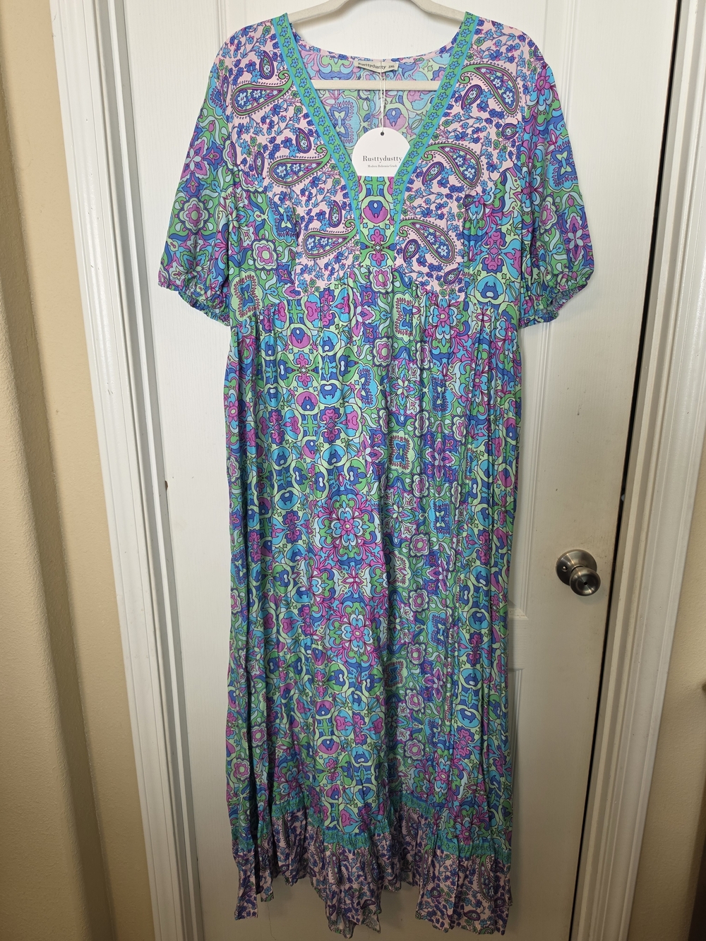 Boho Paisley Maxi Dress in Teal & Purple